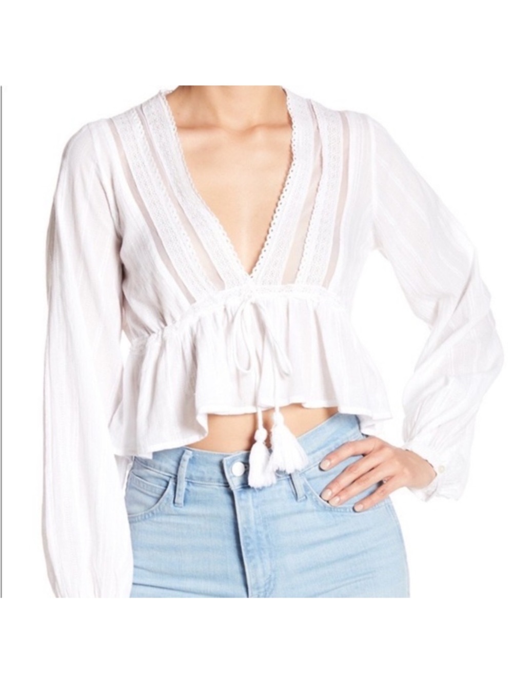 Free People White Lace-Trim Drawstring Peasant Crop Top